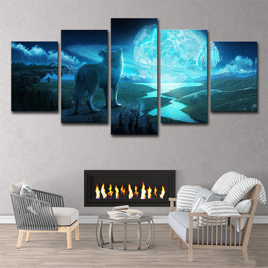 Big Moon and Wolf Canvas in Blue Modernist Wall Art Decor for Living Room, Multi-Piece Blue Clearhalo 'Art Gallery' 'Canvas Art' 'Contemporary Art Gallery' 'Modern' Arts' 1706695