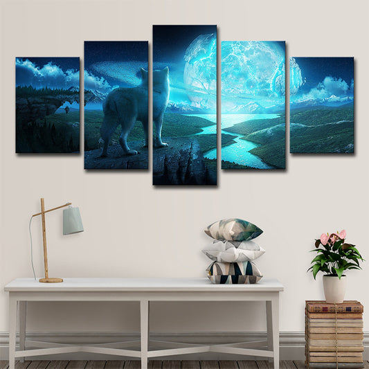 Big Moon and Wolf Canvas in Blue Modernist Wall Art Decor for Living Room, Multi-Piece Clearhalo 'Art Gallery' 'Canvas Art' 'Contemporary Art Gallery' 'Modern' Arts' 1706696
