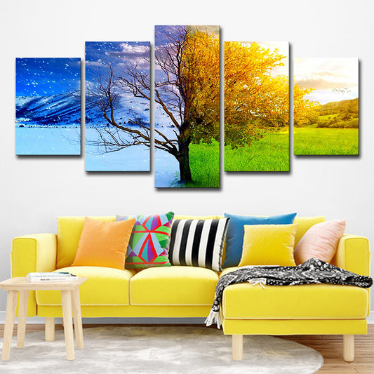 Modernist Wall Art Decor Blue-Yellow Winter and Fall Tree Canvas Print for Living Room Clearhalo 'Art Gallery' 'Canvas Art' 'Contemporary Art Gallery' 'Modern' Arts' 1706789
