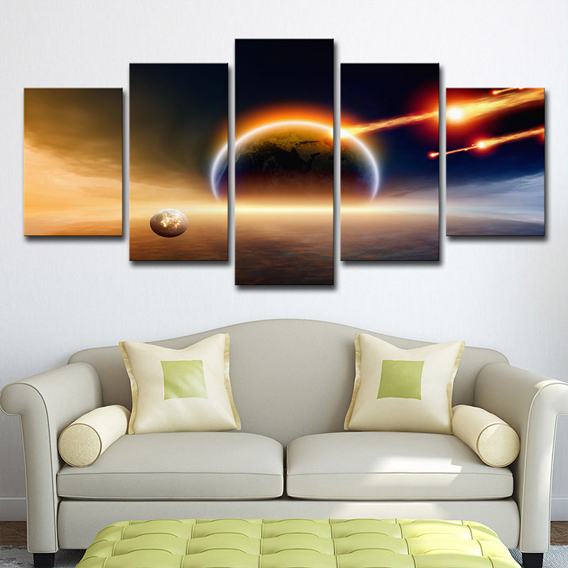 Orange Planet Killer Asteroid Canvas Wall Art Multi-Piece Wall Decor for Sitting Room Clearhalo 'Art Gallery' 'Canvas Art' 'Kids' Arts' 1706836