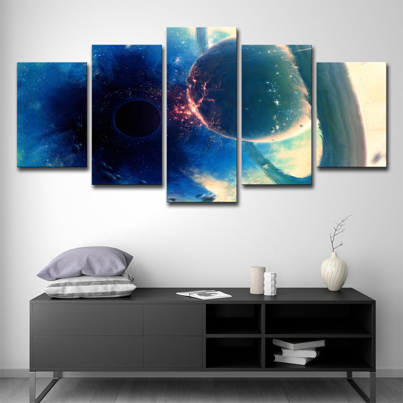 Blue Sun Eclipse Art Print Outer Space Fictional Multi-Piece Canvas for Living Room Blue Clearhalo 'Art Gallery' 'Canvas Art' 'Kids' Arts' 1706854