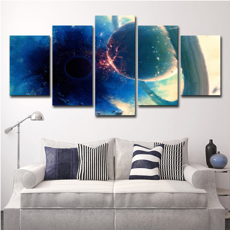 Blue Sun Eclipse Art Print Outer Space Fictional Multi-Piece Canvas for Living Room Clearhalo 'Art Gallery' 'Canvas Art' 'Kids' Arts' 1706855