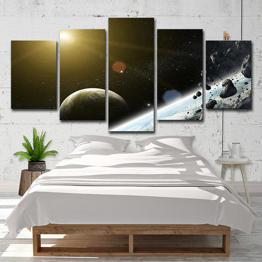 Black Sci-Fi Wall Art Sun Shines on Meteorite and the Earth Canvas Print for Home Black Clearhalo 'Art Gallery' 'Canvas Art' 'Kids' Arts' 1706898