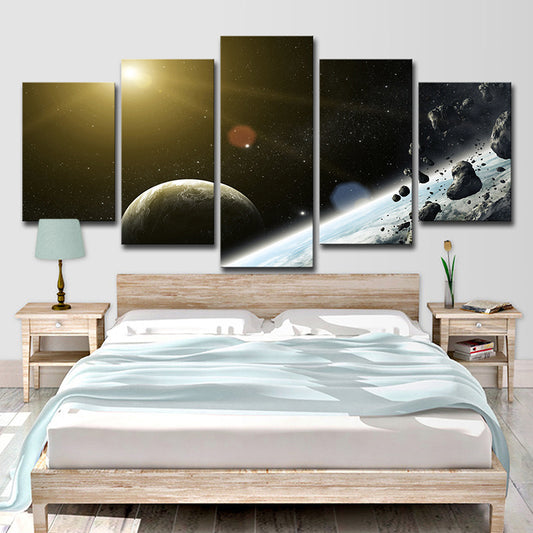 Black Sci-Fi Wall Art Sun Shines on Meteorite and the Earth Canvas Print for Home Clearhalo 'Art Gallery' 'Canvas Art' 'Kids' Arts' 1706900
