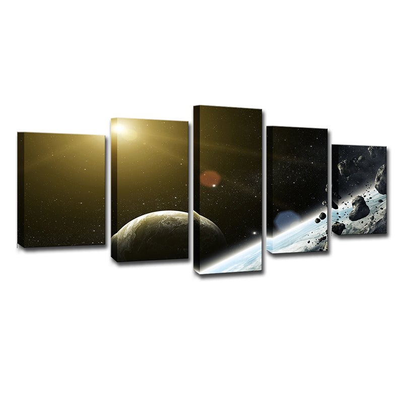 Black Sci-Fi Wall Art Sun Shines on Meteorite and the Earth Canvas Print for Home Clearhalo 'Art Gallery' 'Canvas Art' 'Kids' Arts' 1706901