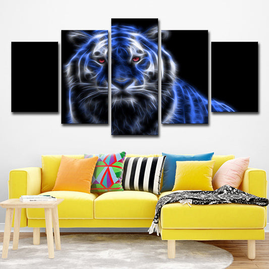 Luminous Tiger Canvas Wall Art for Boys Bedroom Animal Wall Decor in Blue on Black Clearhalo 'Art Gallery' 'Canvas Art' 'Contemporary Art Gallery' 'Modern' Arts' 1706928