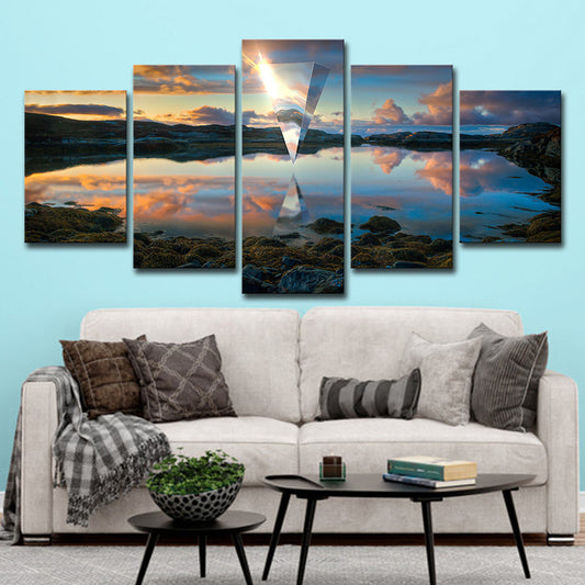 Sunset Lake Reflection Canvas Art Modern Picturesque Scenery Wall Decor in Blue for Home Blue Clearhalo 'Art Gallery' 'Canvas Art' 'Contemporary Art Gallery' 'Modern' Arts' 1707048