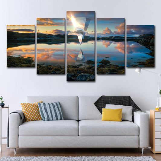 Sunset Lake Reflection Canvas Art Modern Picturesque Scenery Wall Decor in Blue for Home Clearhalo 'Art Gallery' 'Canvas Art' 'Contemporary Art Gallery' 'Modern' Arts' 1707049