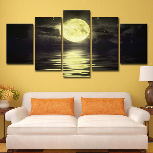 Super Moon over Ocean Art Print Modernist Multi-Piece Canvas in Yellow for Living Room Yellow Clearhalo 'Art Gallery' 'Canvas Art' 'Kids' Arts' 1707055