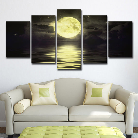 Super Moon over Ocean Art Print Modernist Multi-Piece Canvas in Yellow for Living Room Clearhalo 'Art Gallery' 'Canvas Art' 'Kids' Arts' 1707057