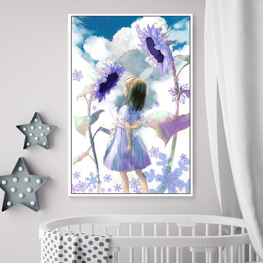 Girl and Sunflowers Painting in Purple Children's Art Wall Decor for Dining Room Purple Clearhalo 'Art Gallery' 'Canvas Art' 'Kids' Arts' 1707062