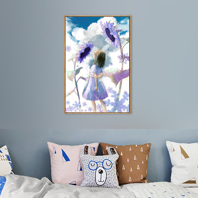 Girl and Sunflowers Painting in Purple Children's Art Wall Decor for Dining Room Clearhalo 'Art Gallery' 'Canvas Art' 'Kids' Arts' 1707063