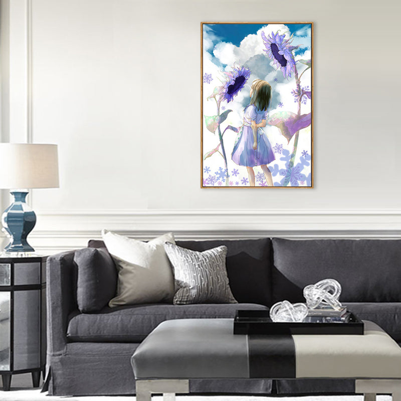 Girl and Sunflowers Painting in Purple Children's Art Wall Decor for Dining Room Clearhalo 'Art Gallery' 'Canvas Art' 'Kids' Arts' 1707064