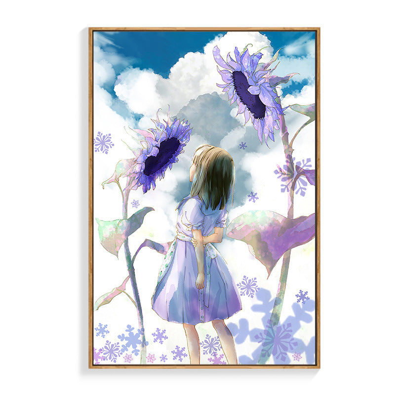 Girl and Sunflowers Painting in Purple Children's Art Wall Decor for Dining Room Clearhalo 'Art Gallery' 'Canvas Art' 'Kids' Arts' 1707065