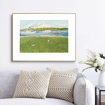 Park Scenery Art Print Tropix Nostalgic Meadow and Steamship Drawing Canvas in Green Green Clearhalo 'Art Gallery' 'Canvas Art' 'Coastal Art Gallery' 'Nautical' Arts' 1707084