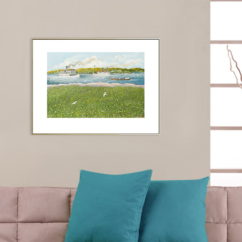 Park Scenery Art Print Tropix Nostalgic Meadow and Steamship Drawing Canvas in Green Clearhalo 'Art Gallery' 'Canvas Art' 'Coastal Art Gallery' 'Nautical' Arts' 1707085