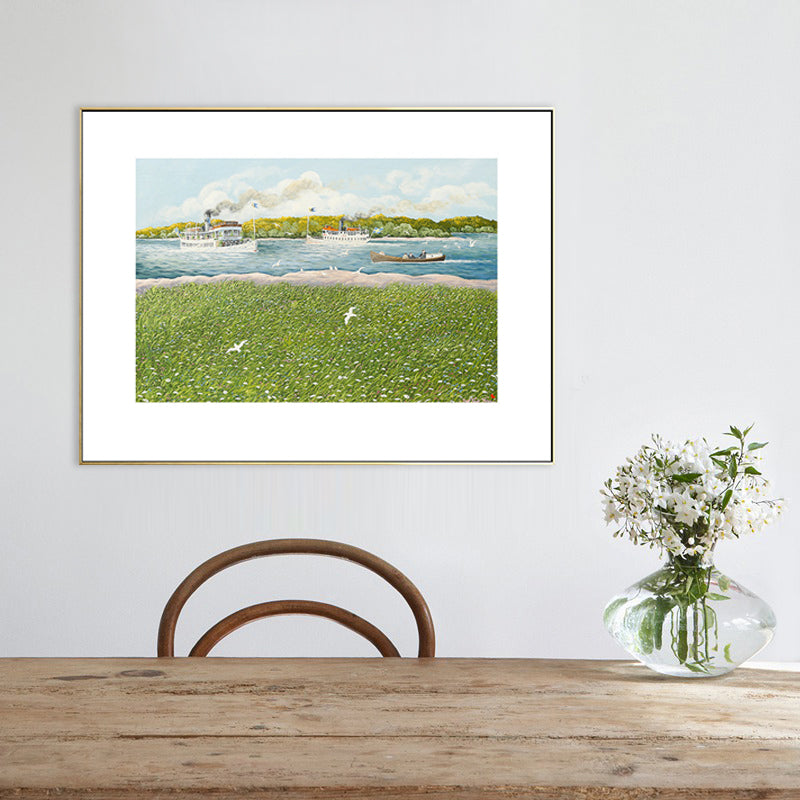 Park Scenery Art Print Tropix Nostalgic Meadow and Steamship Drawing Canvas in Green Clearhalo 'Art Gallery' 'Canvas Art' 'Coastal Art Gallery' 'Nautical' Arts' 1707086