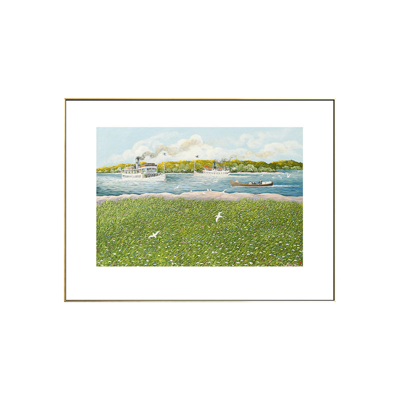 Park Scenery Art Print Tropix Nostalgic Meadow and Steamship Drawing Canvas in Green Clearhalo 'Art Gallery' 'Canvas Art' 'Coastal Art Gallery' 'Nautical' Arts' 1707087