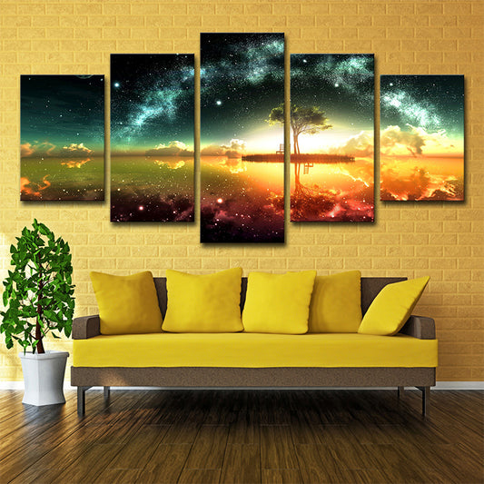 Digital Print Contemporary Canvas Art with Lakeside Tree and Starry Sky Scenery, Green Green Clearhalo 'Art Gallery' 'Canvas Art' 'Contemporary Art Gallery' 'Modern' Arts' 1707091