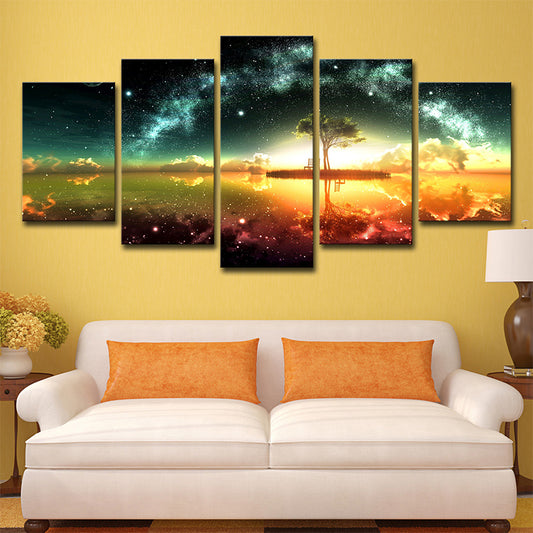 Digital Print Contemporary Canvas Art with Lakeside Tree and Starry Sky Scenery, Green Clearhalo 'Art Gallery' 'Canvas Art' 'Contemporary Art Gallery' 'Modern' Arts' 1707092