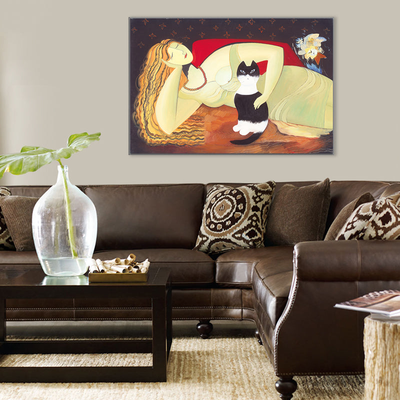 Textured Woman and Cat Painting Canvas Traditional Wall Decor in Yellow for Bedroom Clearhalo 'Art Gallery' 'Canvas Art' 'Traditional' Arts' 1707173