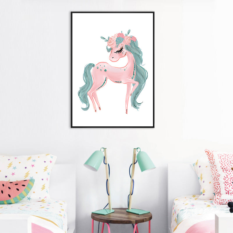Cartoon Girls Canvas Wall Art with Unicorn Drawing Pastel Color Wall Decor  for Bedroom - Clearhalo