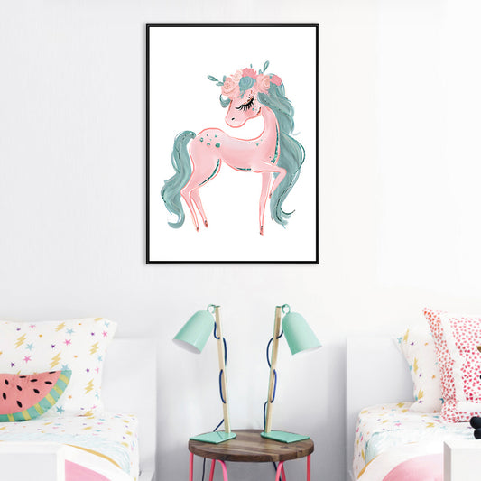 Childrens Art Animal Canvas Print Soft Color Textured Wall Decor for Kids Bedroom Pink