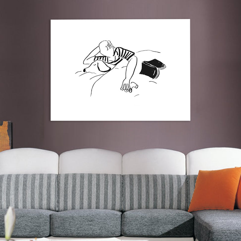 Minimalistic Canvas Art Black-White Man and His Dog Sleeping Pencil Drawing Wall Decor White Clearhalo 'Art Gallery' 'Canvas Art' 'Contemporary Art Gallery' 'Contemporary Art' 'Minimalism' 'Minimalist Art Gallery' 'Scandinavian' Arts' 1707194