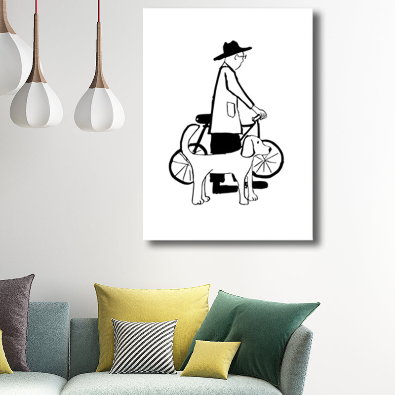 Man and Dog Sketch Canvas Art Textured Minimalist Living Room Wall Decor in Black-White Clearhalo 'Art Gallery' 'Canvas Art' 'Contemporary Art Gallery' 'Contemporary Art' 'Minimalism' 'Minimalist Art Gallery' 'Scandinavian' Arts' 1707210