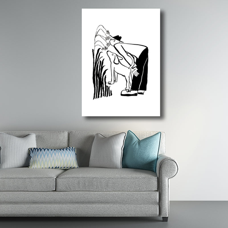 Man and Dog Sketch Canvas Art Textured Minimalist Living Room Wall Decor in Black-White White Design 2 Clearhalo 'Art Gallery' 'Canvas Art' 'Contemporary Art Gallery' 'Contemporary Art' 'Minimalism' 'Minimalist Art Gallery' 'Scandinavian' Arts' 1707215