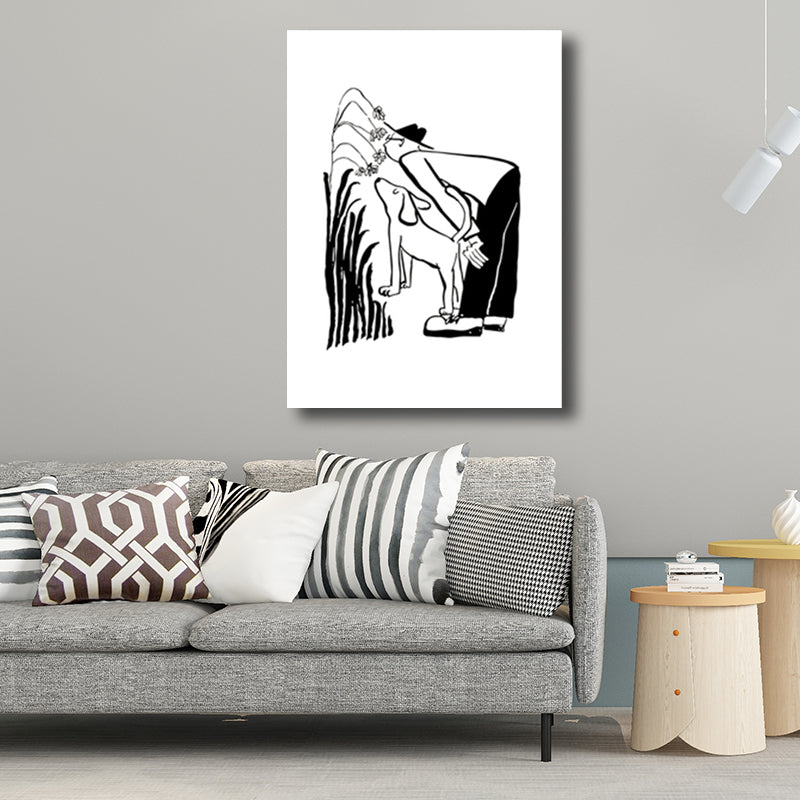 Man and Dog Sketch Canvas Art Textured Minimalist Living Room Wall Decor in Black-White Clearhalo 'Art Gallery' 'Canvas Art' 'Contemporary Art Gallery' 'Contemporary Art' 'Minimalism' 'Minimalist Art Gallery' 'Scandinavian' Arts' 1707216