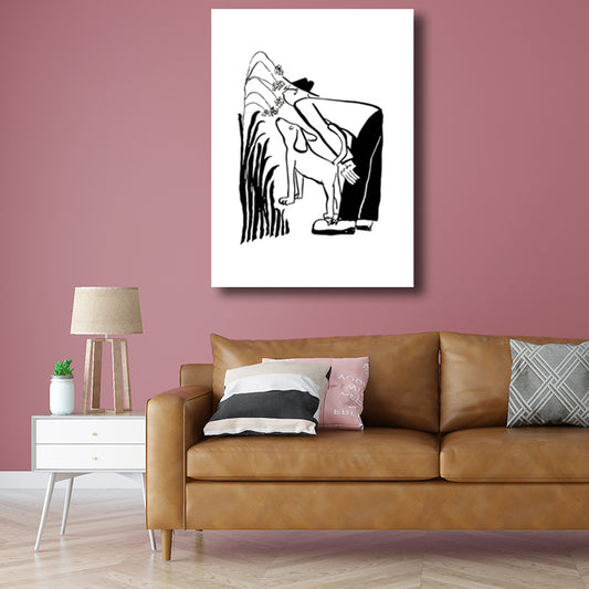 Man and Dog Sketch Canvas Art Textured Minimalist Living Room Wall Decor in Black-White Clearhalo 'Art Gallery' 'Canvas Art' 'Contemporary Art Gallery' 'Contemporary Art' 'Minimalism' 'Minimalist Art Gallery' 'Scandinavian' Arts' 1707217