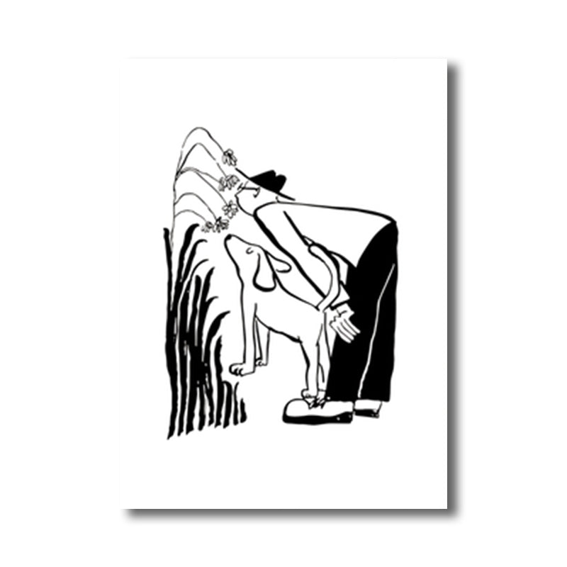 Man and Dog Sketch Canvas Art Textured Minimalist Living Room Wall Decor in Black-White Clearhalo 'Art Gallery' 'Canvas Art' 'Contemporary Art Gallery' 'Contemporary Art' 'Minimalism' 'Minimalist Art Gallery' 'Scandinavian' Arts' 1707218