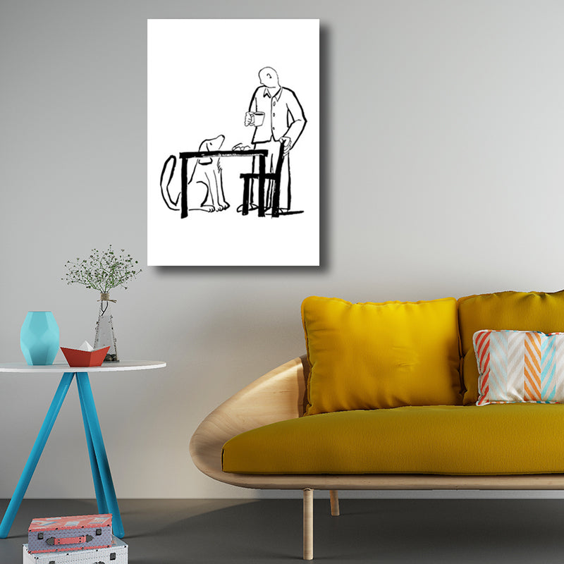 Man and Dog Sketch Canvas Art Textured Minimalist Living Room Wall Decor in Black-White Clearhalo 'Art Gallery' 'Canvas Art' 'Contemporary Art Gallery' 'Contemporary Art' 'Minimalism' 'Minimalist Art Gallery' 'Scandinavian' Arts' 1707220