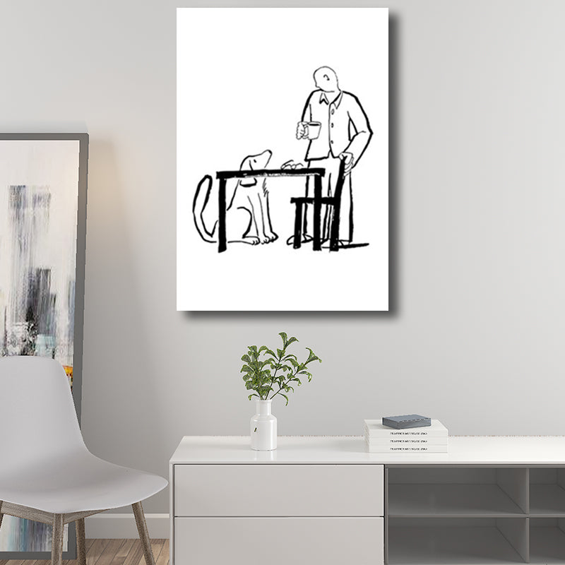 Man and Dog Sketch Canvas Art Textured Minimalist Living Room Wall Decor in Black-White Clearhalo 'Art Gallery' 'Canvas Art' 'Contemporary Art Gallery' 'Contemporary Art' 'Minimalism' 'Minimalist Art Gallery' 'Scandinavian' Arts' 1707221