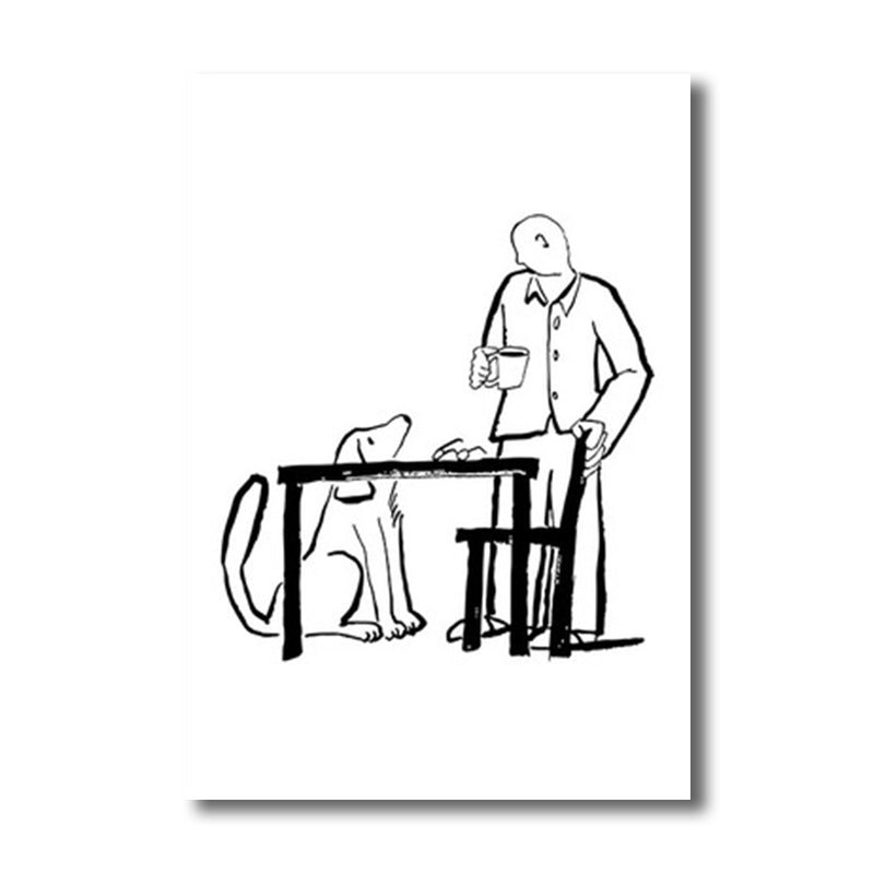 Man and Dog Sketch Canvas Art Textured Minimalist Living Room Wall Decor in Black-White Clearhalo 'Art Gallery' 'Canvas Art' 'Contemporary Art Gallery' 'Contemporary Art' 'Minimalism' 'Minimalist Art Gallery' 'Scandinavian' Arts' 1707222