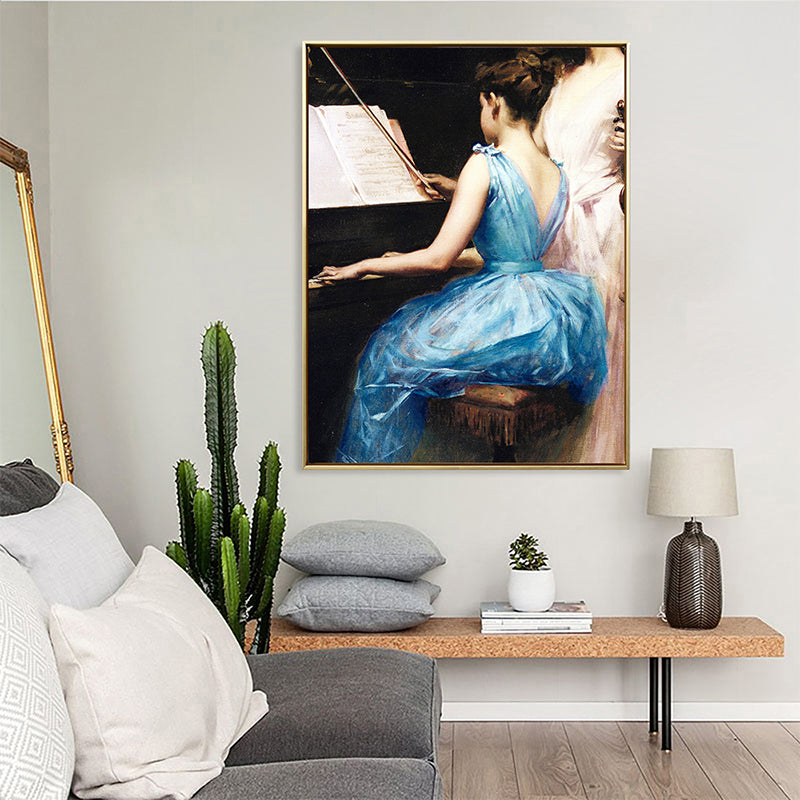 Vintage Musical Canvas Print Girl Playing the Piano Blue Wall Decor for Bedroom, Multiple Sizes Blue Clearhalo 'Arts' 'Canvas Art' 1707227