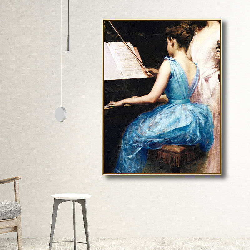 Vintage Musical Canvas Print Girl Playing the Piano Blue Wall Decor for  Bedroom, Multiple Sizes