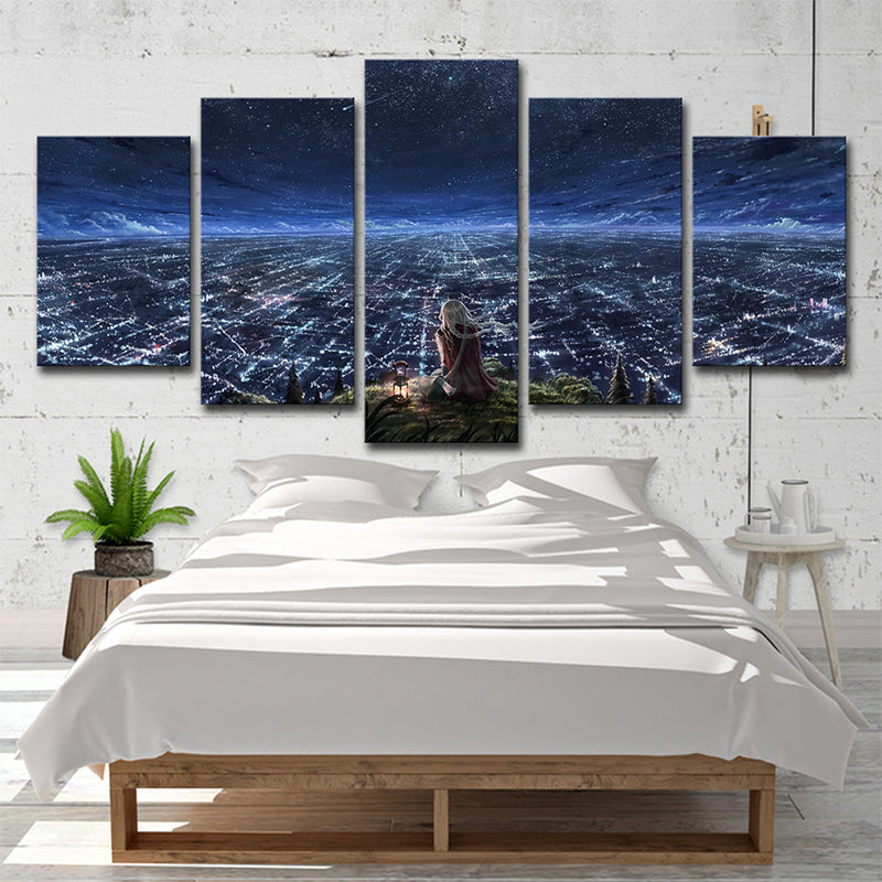 Girls Starry Sky View Canvas Bedroom Luminous Cityscape Wall Art in Dark Blue for Decor Clearhalo 'Art Gallery' 'Canvas Art' 'Kids' Arts' 1707235