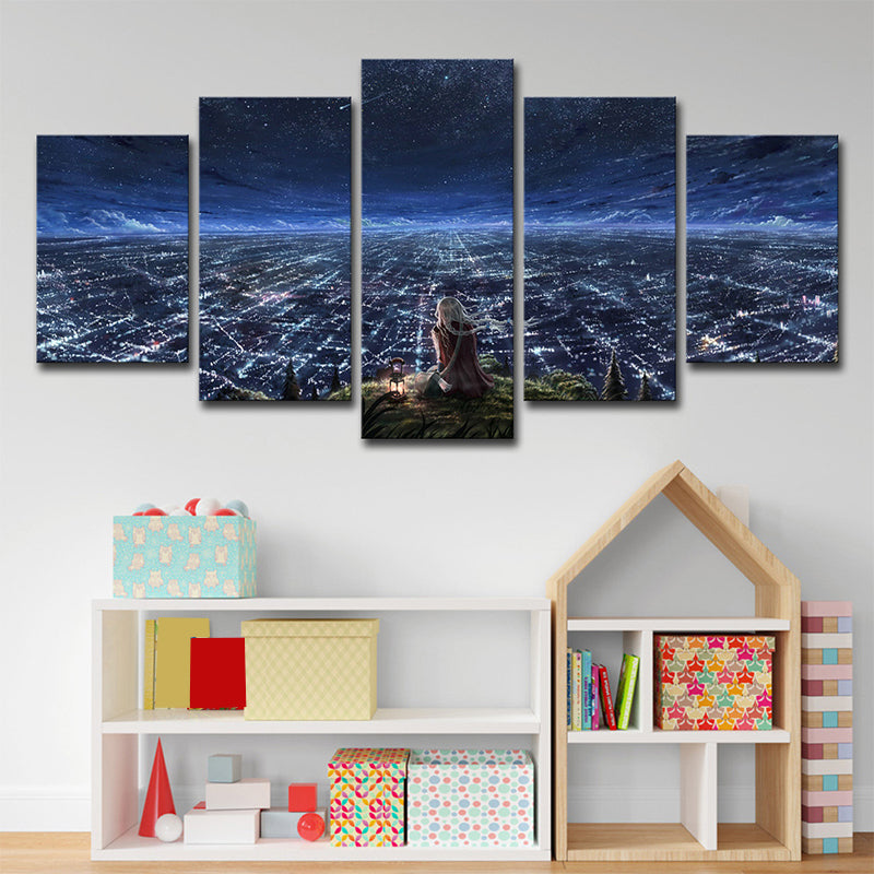 Girls Starry Sky View Canvas Bedroom Luminous Cityscape Wall Art in Dark Blue for Decor Clearhalo 'Art Gallery' 'Canvas Art' 'Kids' Arts' 1707236