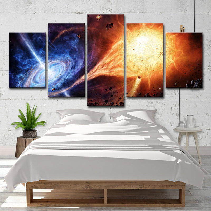 Swirling Galaxy and Meteorite Canvas Orange-Blue Science Fiction Wall Art for Bedroom Orange Clearhalo 'Art Gallery' 'Canvas Art' 'Kids' Arts' 1707274