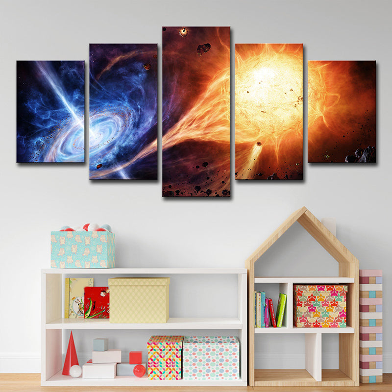 Swirling Galaxy and Meteorite Canvas Orange-Blue Science Fiction Wall Art for Bedroom Clearhalo 'Art Gallery' 'Canvas Art' 'Kids' Arts' 1707275