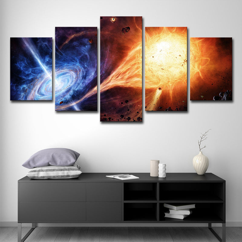 Swirling Galaxy and Meteorite Canvas Orange-Blue Science Fiction Wall Art for Bedroom Clearhalo 'Art Gallery' 'Canvas Art' 'Kids' Arts' 1707276