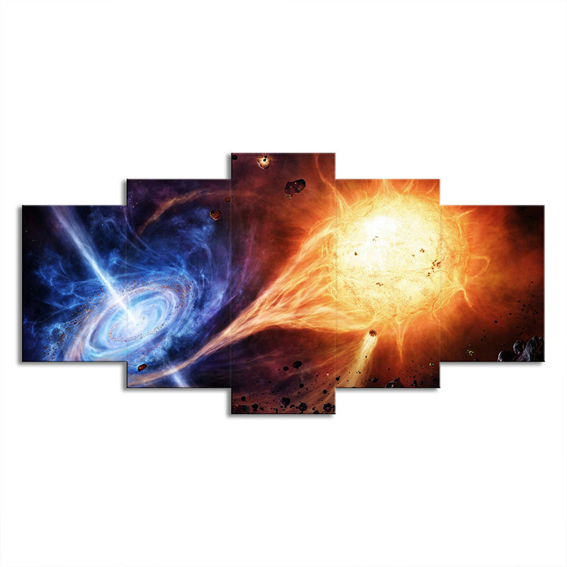 Swirling Galaxy and Meteorite Canvas Orange-Blue Science Fiction Wall Art for Bedroom Clearhalo 'Art Gallery' 'Canvas Art' 'Kids' Arts' 1707277