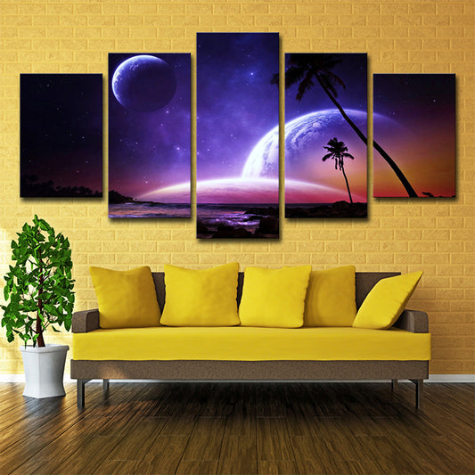 Multi-Piece Purple Wall Decor Fictional Night Ocean Palm Tree and Planets Canvas Art Purple Clearhalo 'Art Gallery' 'Canvas Art' 'Kids' Arts' 1707310