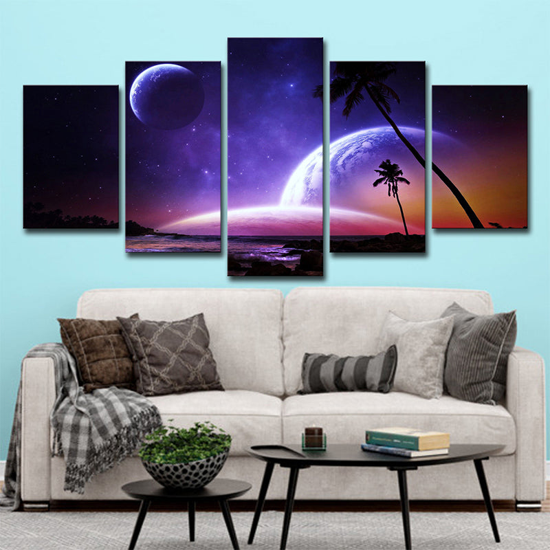 Multi-Piece Purple Wall Decor Fictional Night Ocean Palm Tree and Planets Canvas Art Clearhalo 'Art Gallery' 'Canvas Art' 'Kids' Arts' 1707311