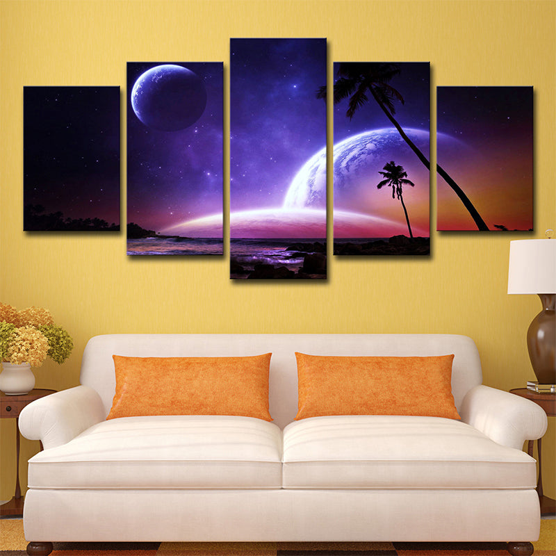 Multi-Piece Purple Wall Decor Fictional Night Ocean Palm Tree and Planets Canvas Art Clearhalo 'Art Gallery' 'Canvas Art' 'Kids' Arts' 1707312