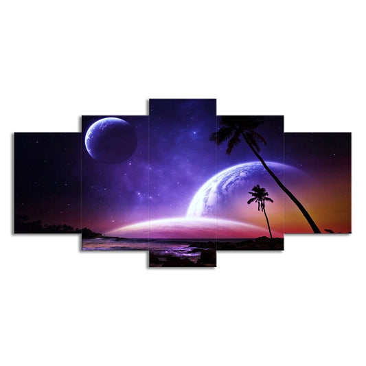 Multi-Piece Purple Wall Decor Fictional Night Ocean Palm Tree and Planets Canvas Art Clearhalo 'Art Gallery' 'Canvas Art' 'Kids' Arts' 1707313