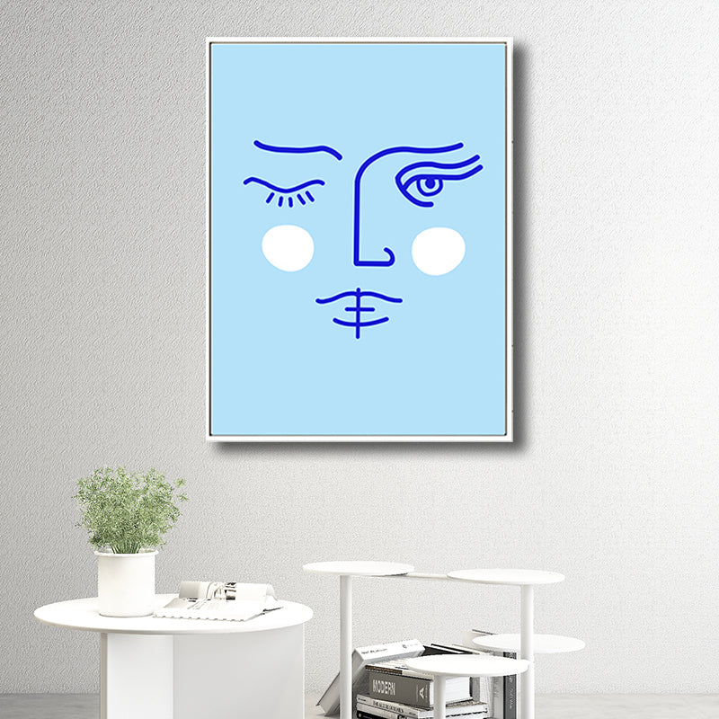 Pencil Line Figure Face Canvas Art Minimalism Textured Wall Decor in Pastel Color Sky Blue Clearhalo 'Art Gallery' 'Canvas Art' 'Contemporary Art Gallery' 'Contemporary Art' 'Minimalism' 'Minimalist Art Gallery' 'Scandinavian' Arts' 1707328