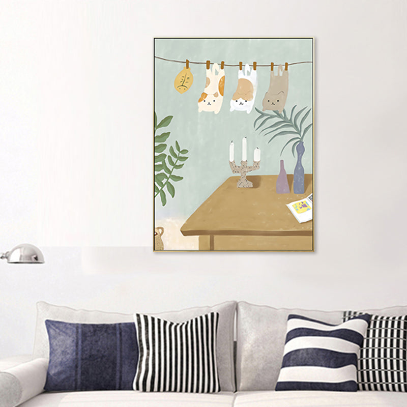 Suspended Cats Wall Art Kids Style Cute Animal Canvas Print in Light Blue for Bedroom Light Blue Clearhalo 'Art Gallery' 'Canvas Art' 'Kids' Arts' 1707371
